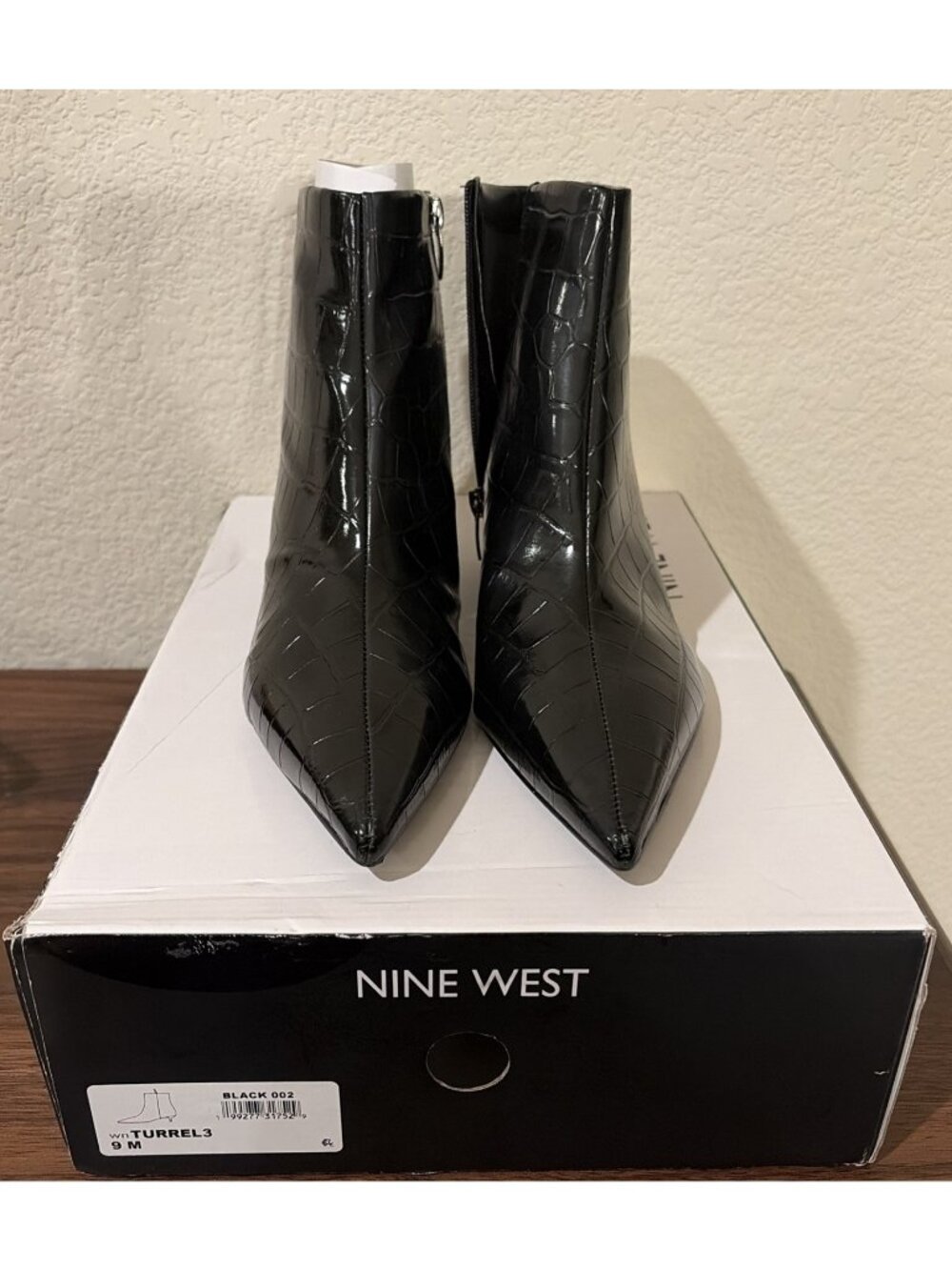 Nine West Seider Women's Booties 9M Black Croc Pointed Toe Stiletto Heel Boots